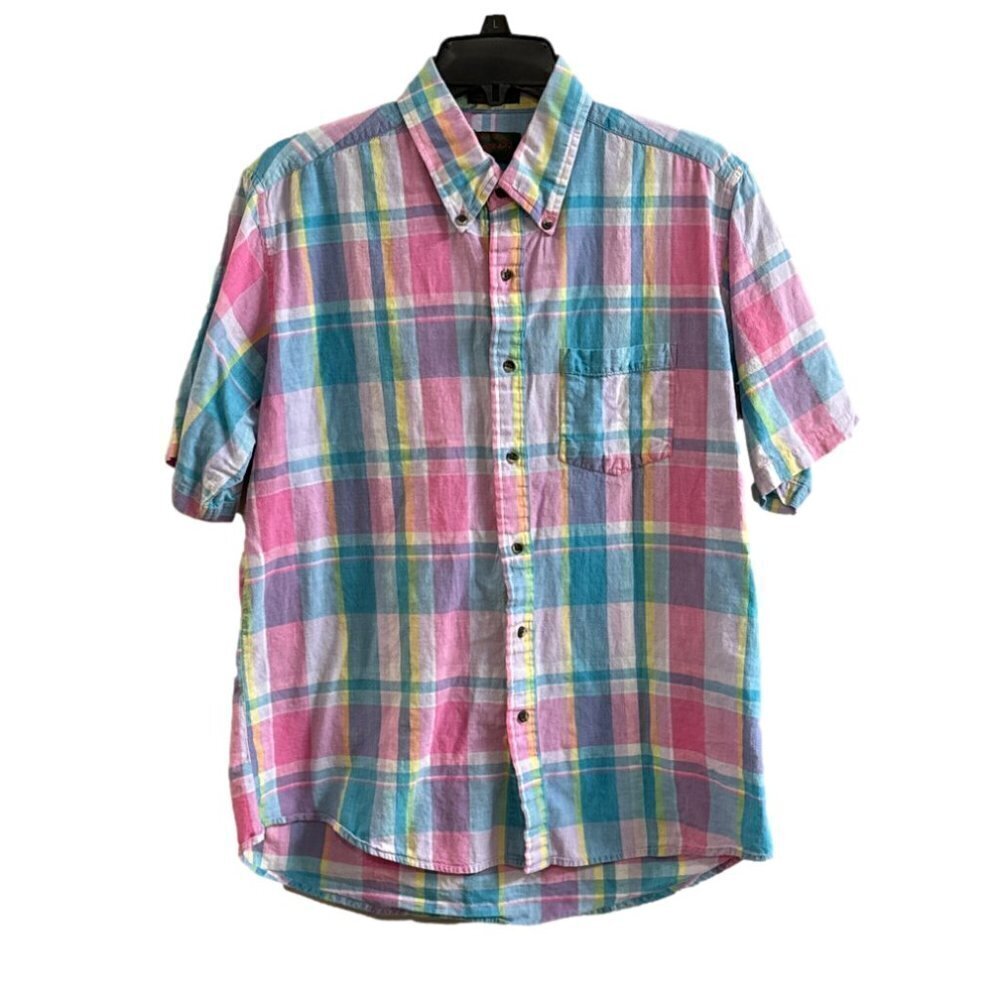 Men's Scott Foster Pink Plaid Short Sleeve Button Up Shirt. Size L